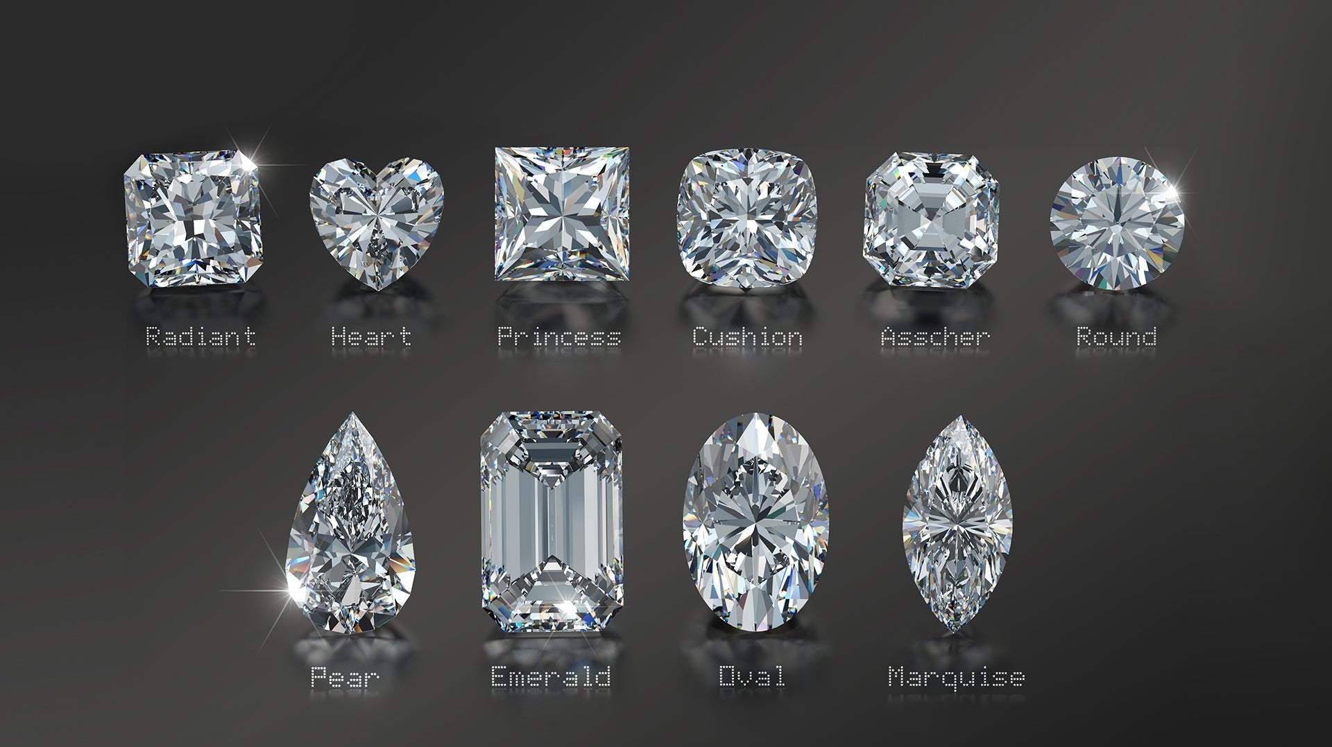 Various diamond shapes including Radiant, Heart, Princess, Cushion, Asscher, Round, Pear, Emerald, Oval, and Marquise