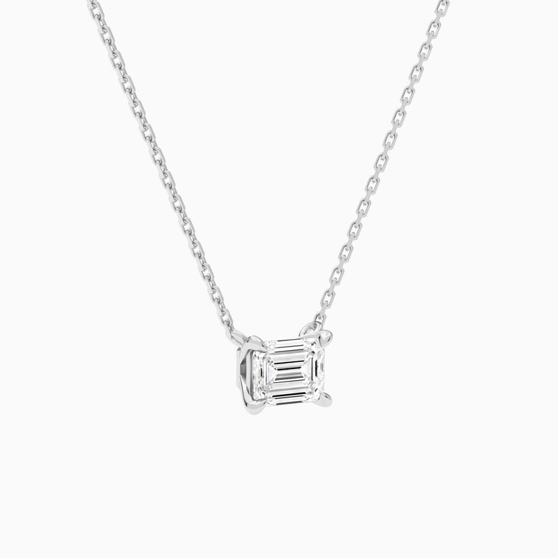 Emerald Solitaire Lab Grown Diamond Necklace In 14K White Gold - Front Angle View