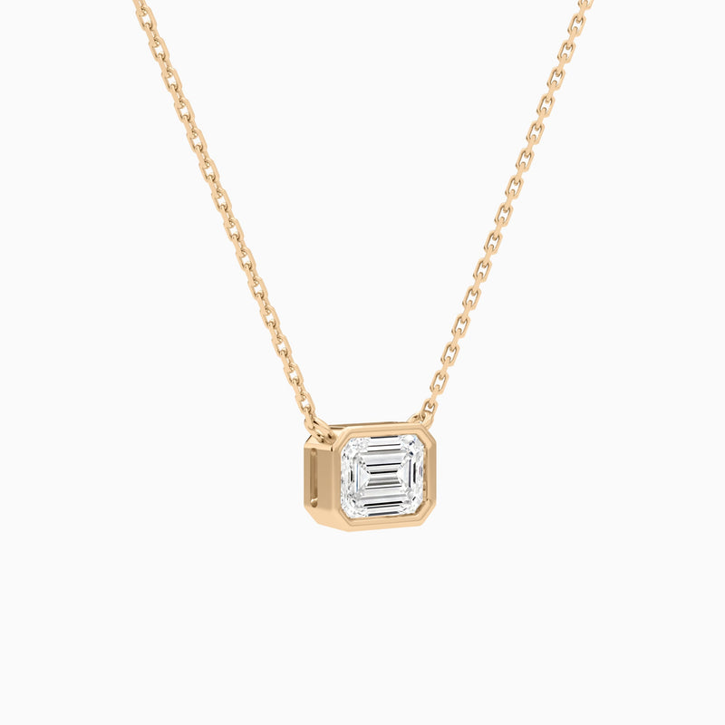 Bezel Solitaire Emerald Lab Grown Diamond Necklace In 14K Rose Gold - Front Angle View