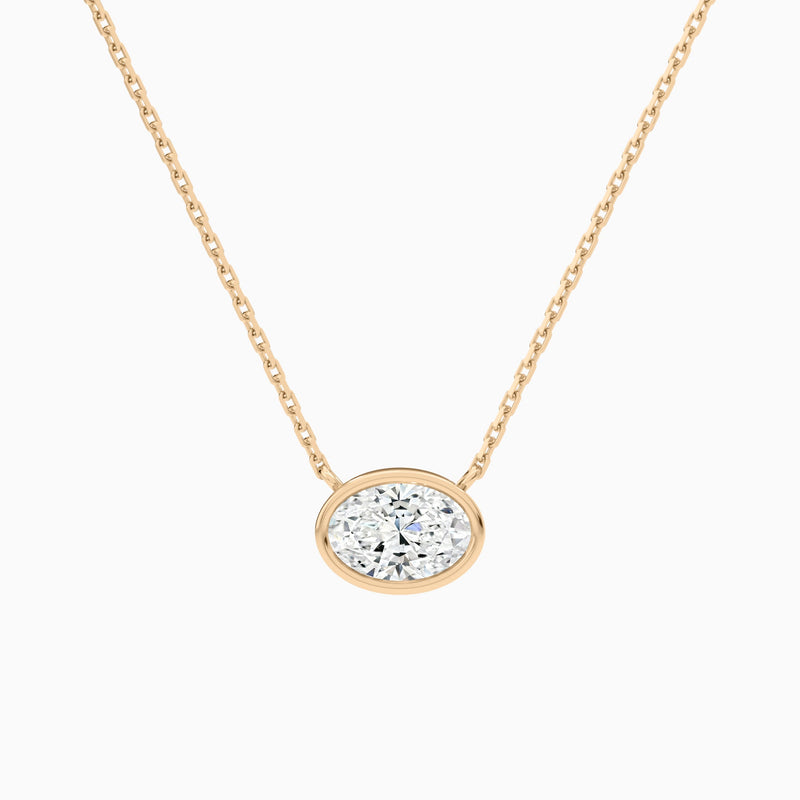 Bezel Solitaire Oval Lab Grown Diamond Necklace In 14K Rose Gold - Lucenjuri