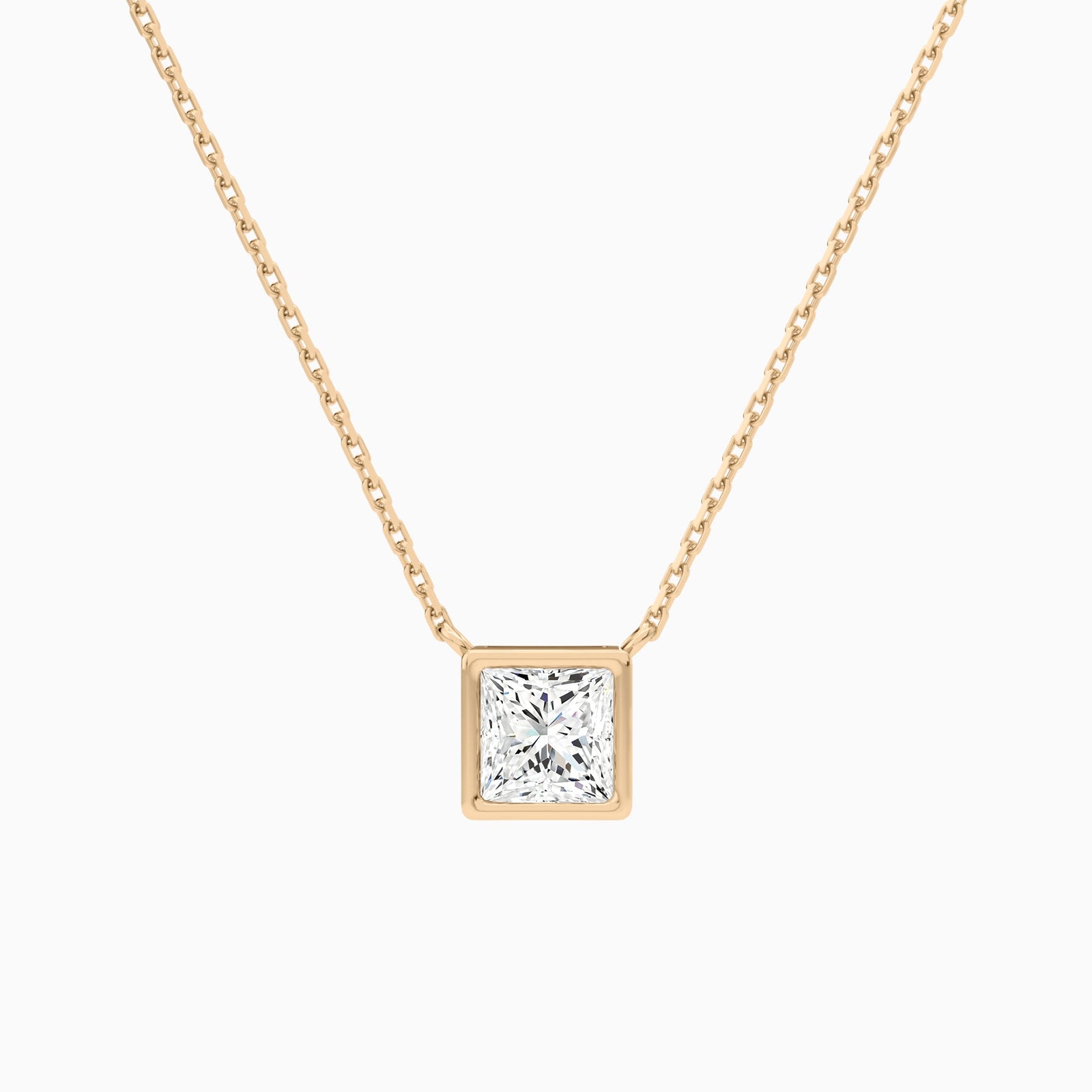Bezel Solitaire Princess Lab Grown Diamond Necklace In 14K Rose Gold - Lucenjuri