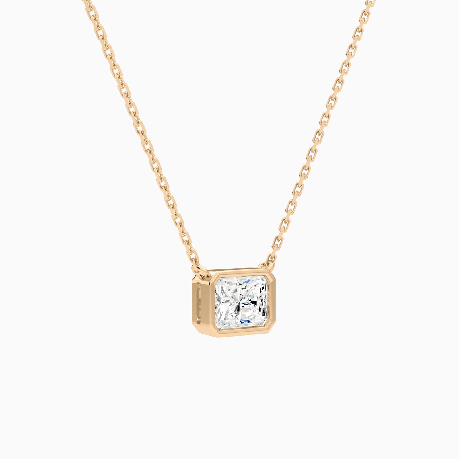 Bezel Solitaire Radiant Lab Grown Diamond Necklace In 14K Rose Gold - Front Angle View