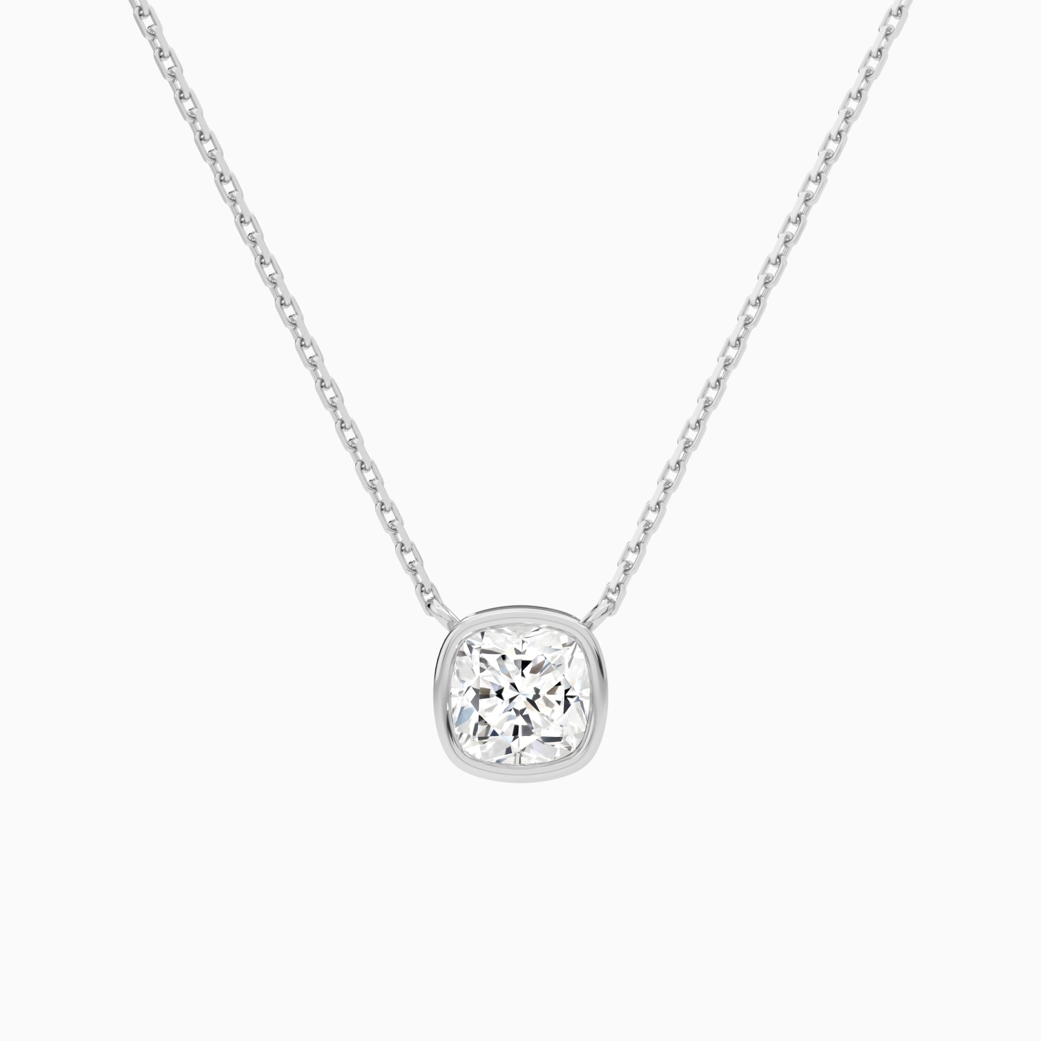 Bezel Solitaire Cushion Lab Grown Diamond Necklace In 14K White Gold - Lucenjuri