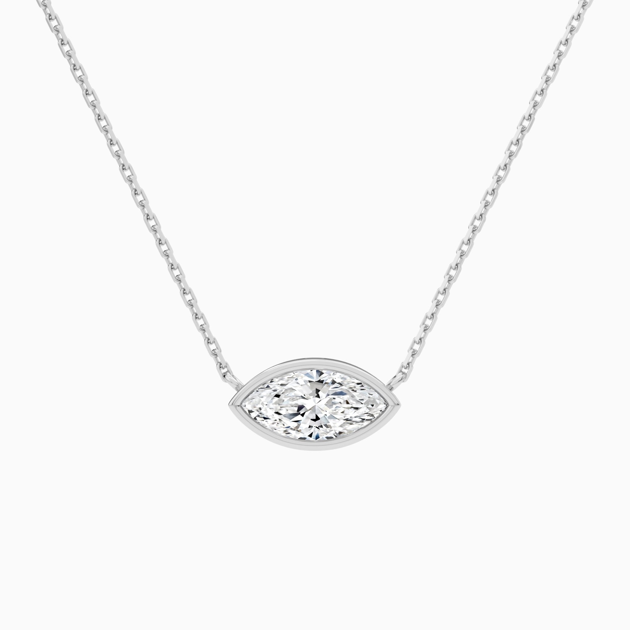 Bezel Solitaire Marquise Lab Grown Diamond Necklace In 14K White Gold - Lucenjuri