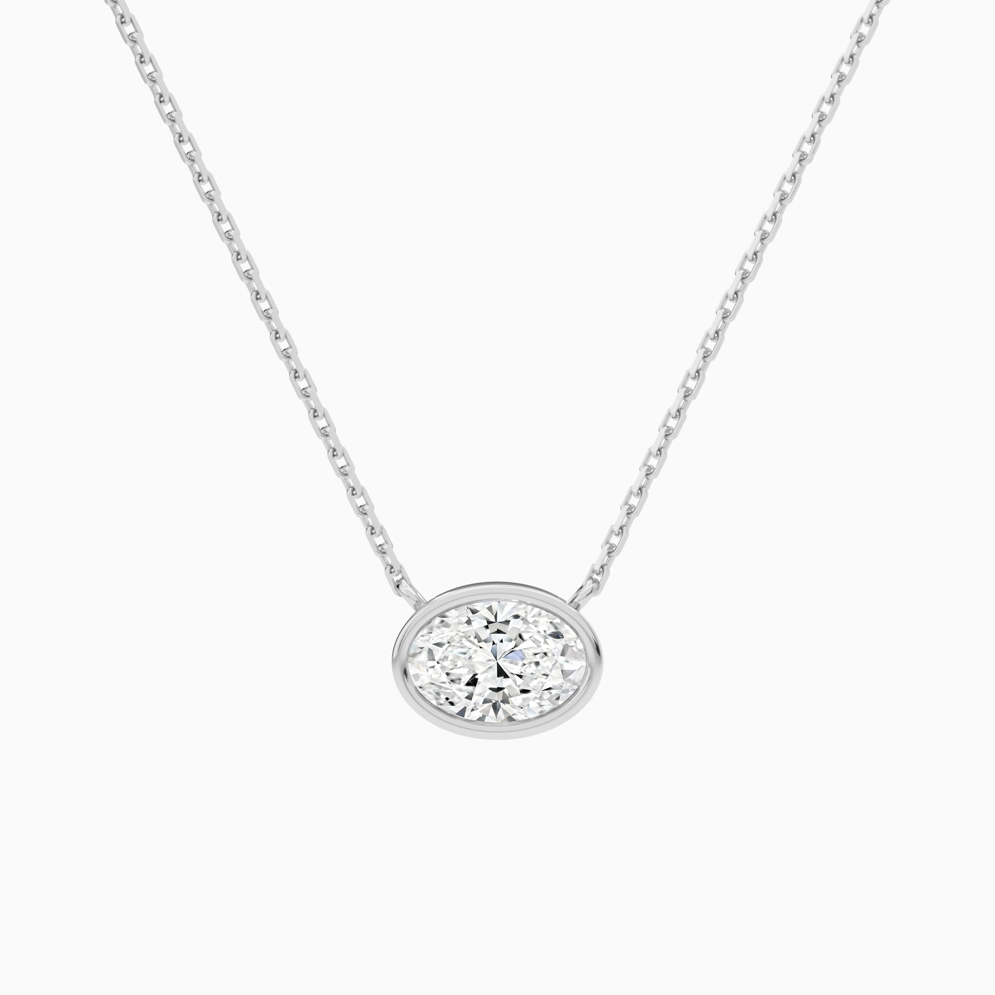 Bezel Solitaire Oval Lab Grown Diamond Necklace In 14K White Gold - Lucenjuri