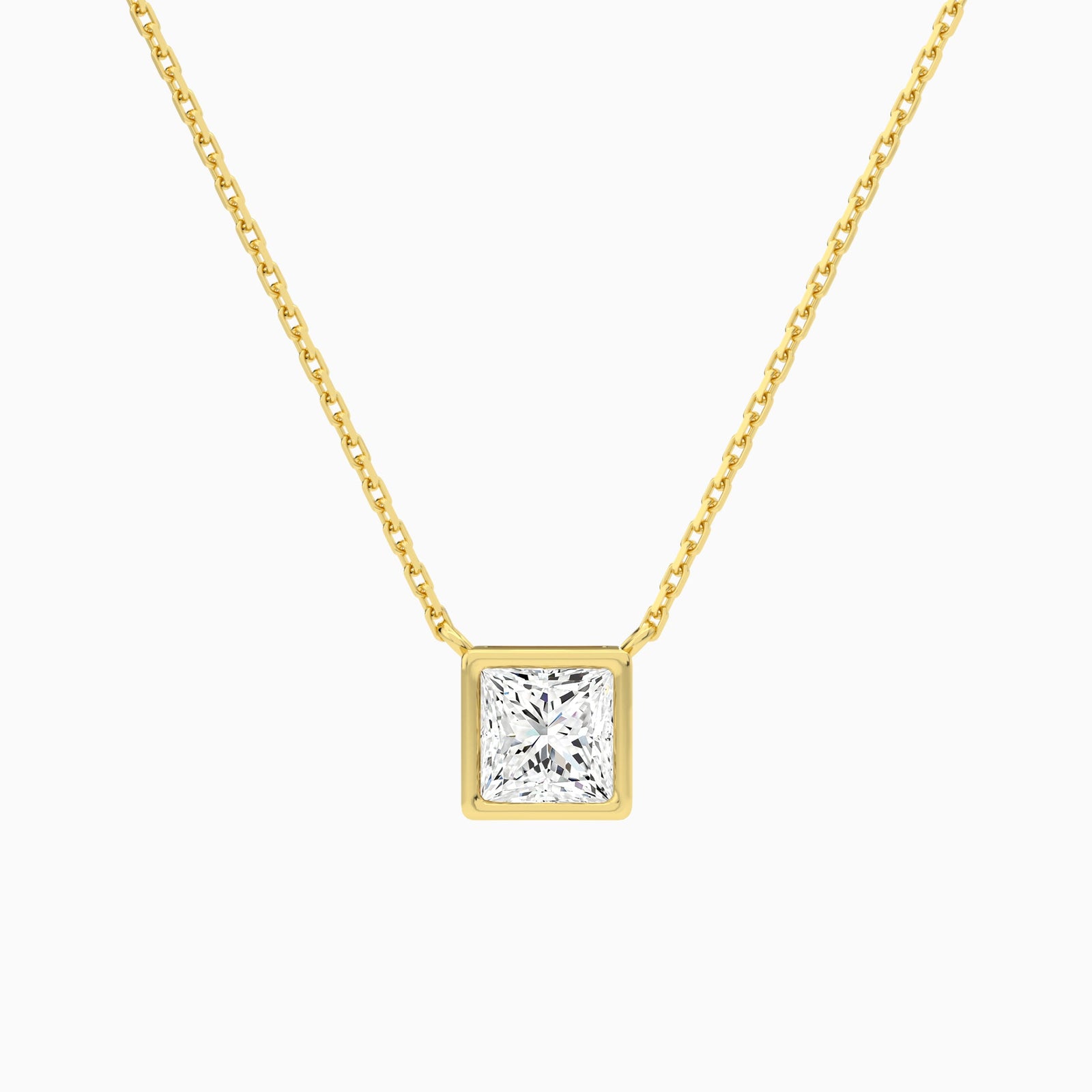 Bezel Solitaire Princess Lab Grown Diamond Necklace In 14K Yellow Gold - Lucenjuri