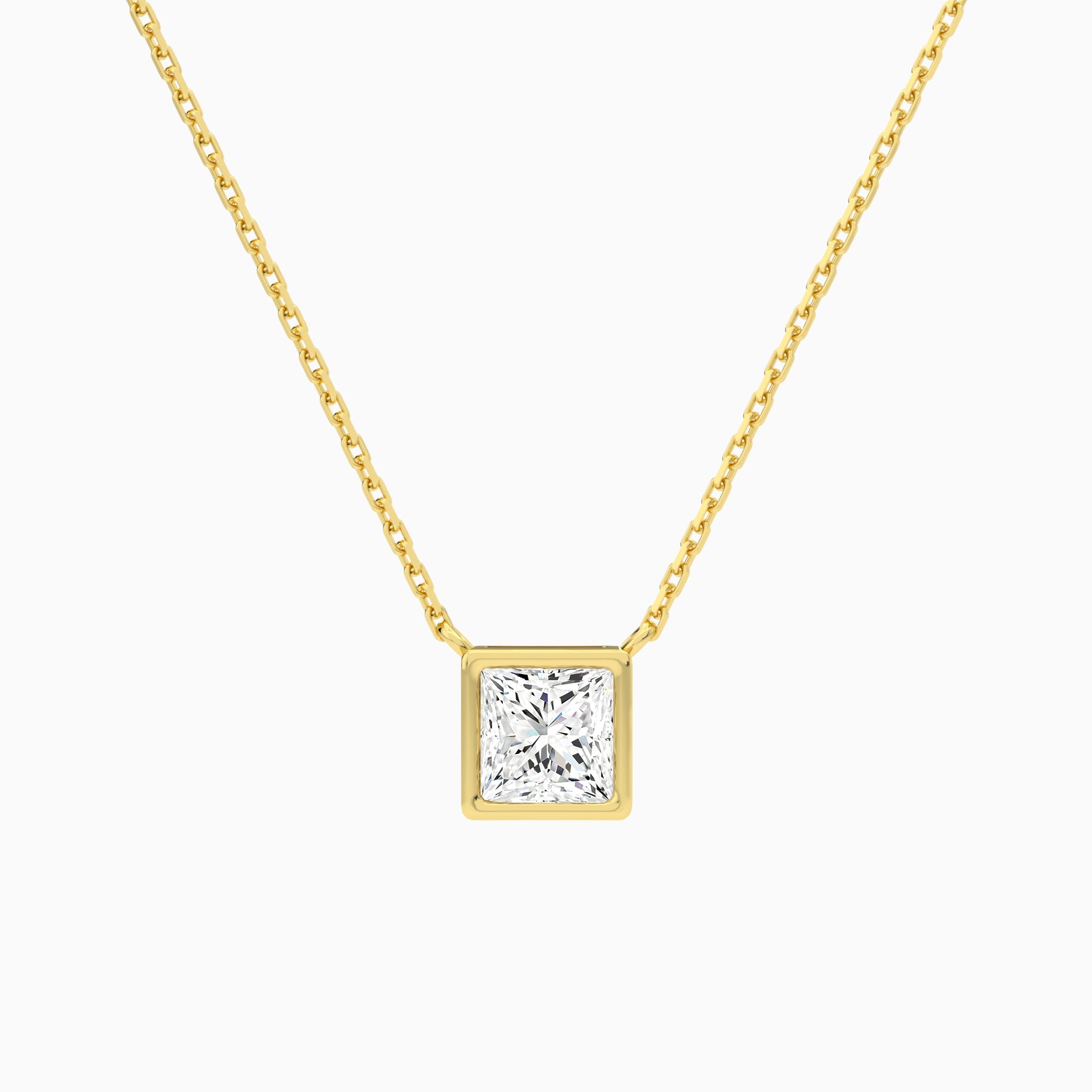 Bezel Solitaire Princess Lab Grown Diamond Necklace In 14K Yellow Gold - Lucenjuri