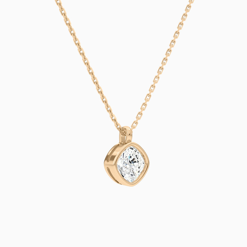Bezel Solitaire Cushion Lab Grown Diamond Pendant Necklace In 14K Rose Gold - Front Angle View