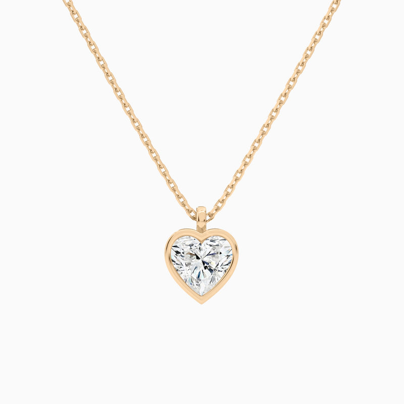Bezel Solitaire Heart Lab Grown Diamond Pendant Necklace In 14K Rose Gold - Lucenjuri