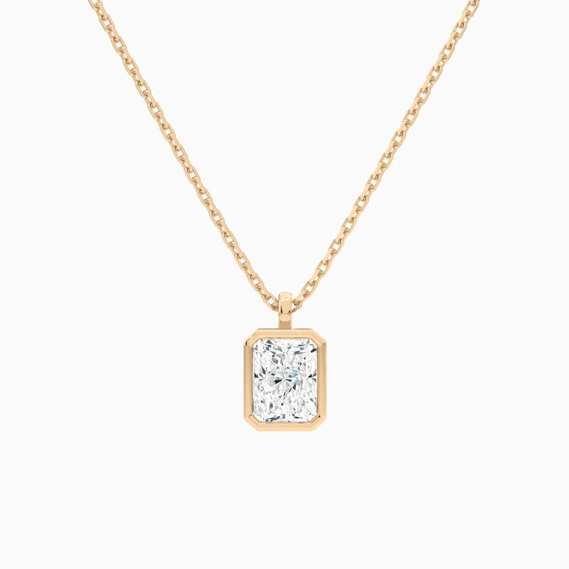Bezel Solitaire Radiant Lab Grown Diamond Pendant Necklace In 14K Rose Gold - Lucenjuri