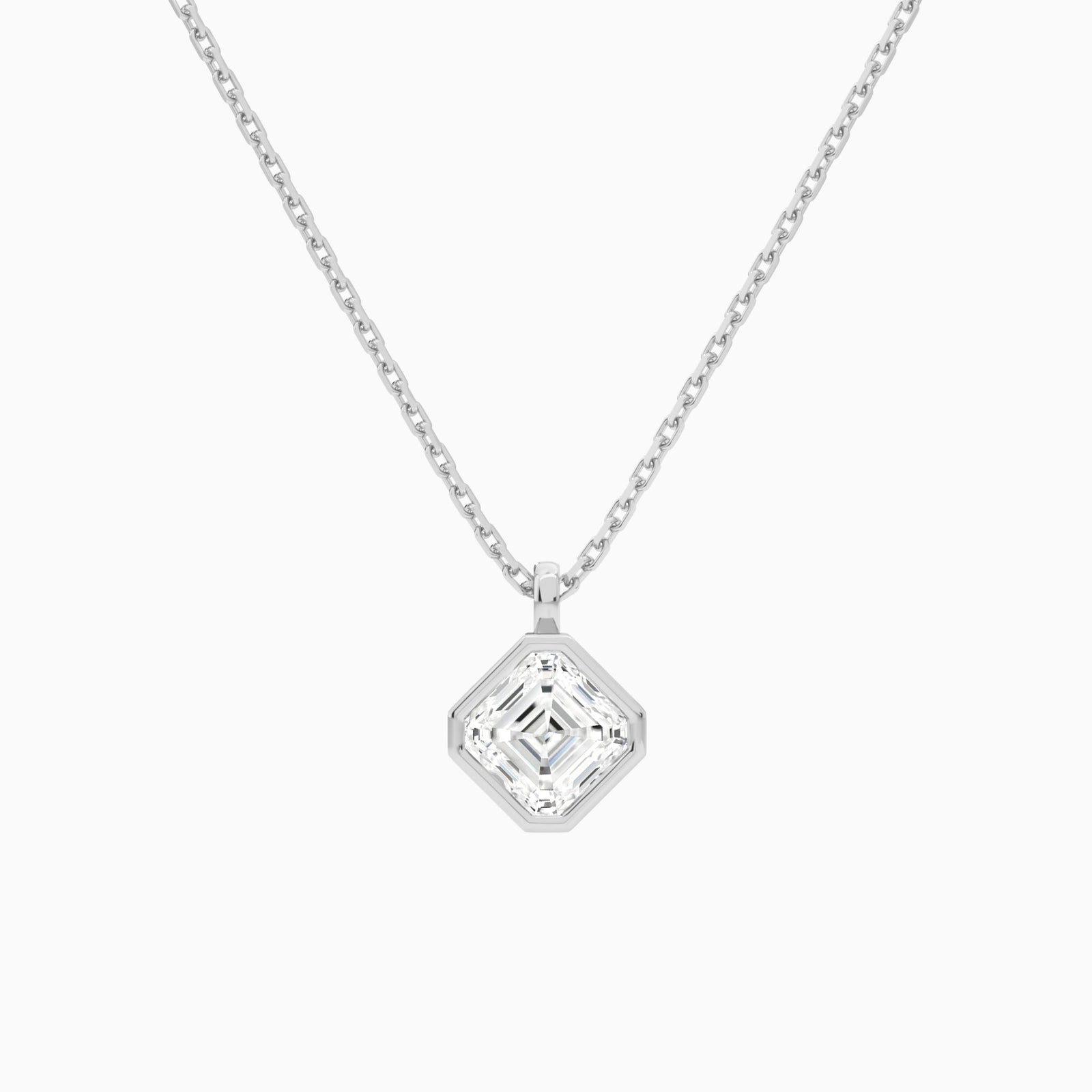 Bezel Solitaire Asscher Lab Grown Diamond Pendant Necklace In 14K White Gold - Lucenjuri