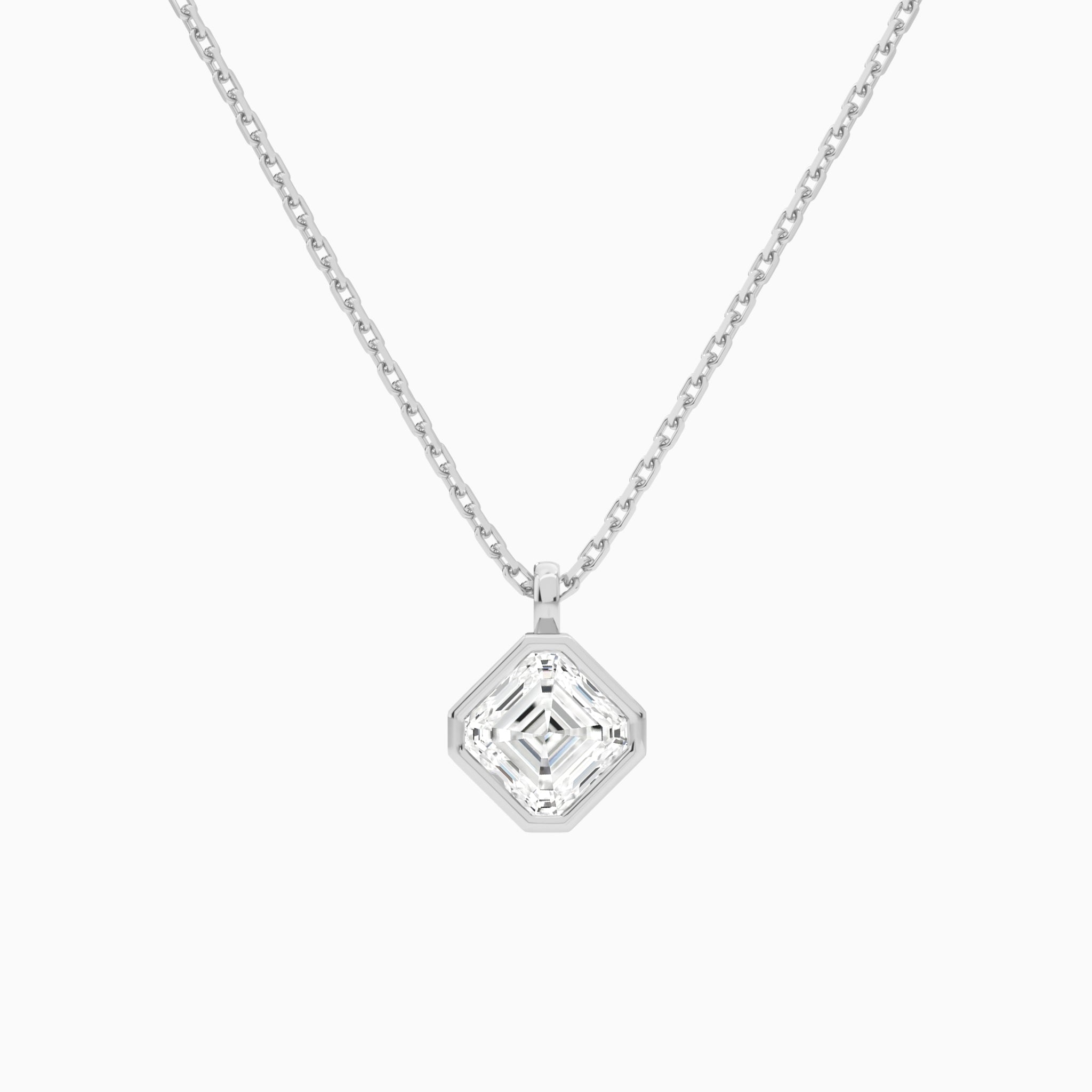 Bezel Solitaire Asscher Lab Grown Diamond Pendant Necklace In 14K White Gold - Lucenjuri