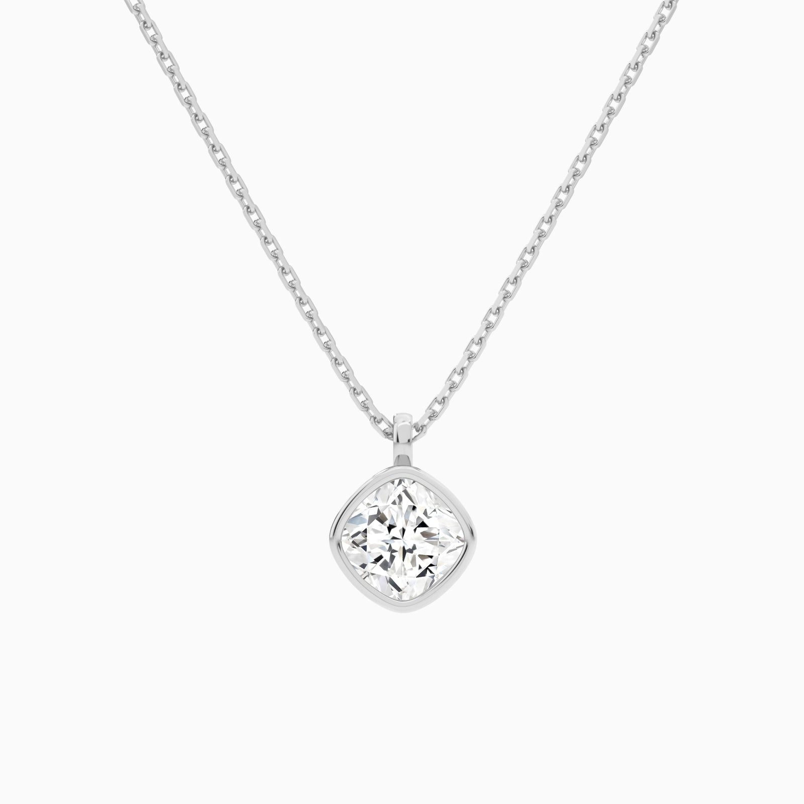 Bezel Solitaire Cushion Lab Grown Diamond Pendant Necklace In 14K White Gold - Lucenjuri