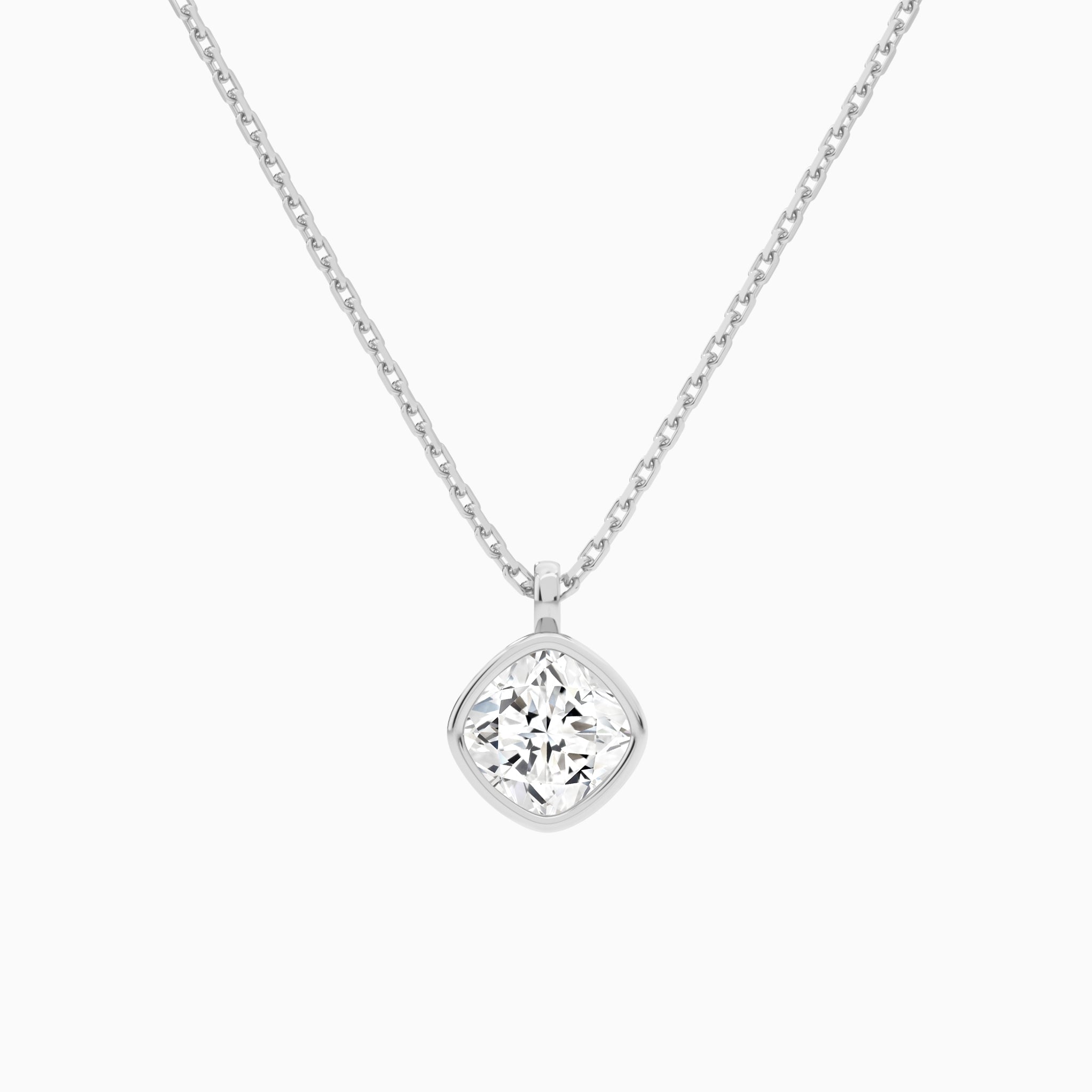Bezel Solitaire Cushion Lab Grown Diamond Pendant Necklace In 14K White Gold - Lucenjuri