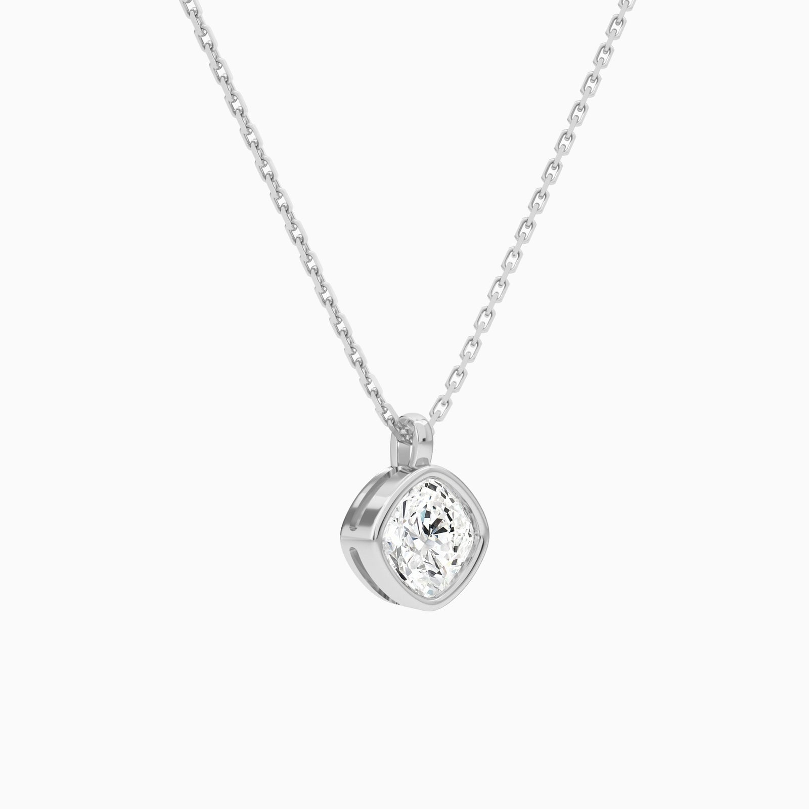 Bezel Solitaire Cushion Lab Grown Diamond Pendant Necklace In 14K White Gold - Front Angle View