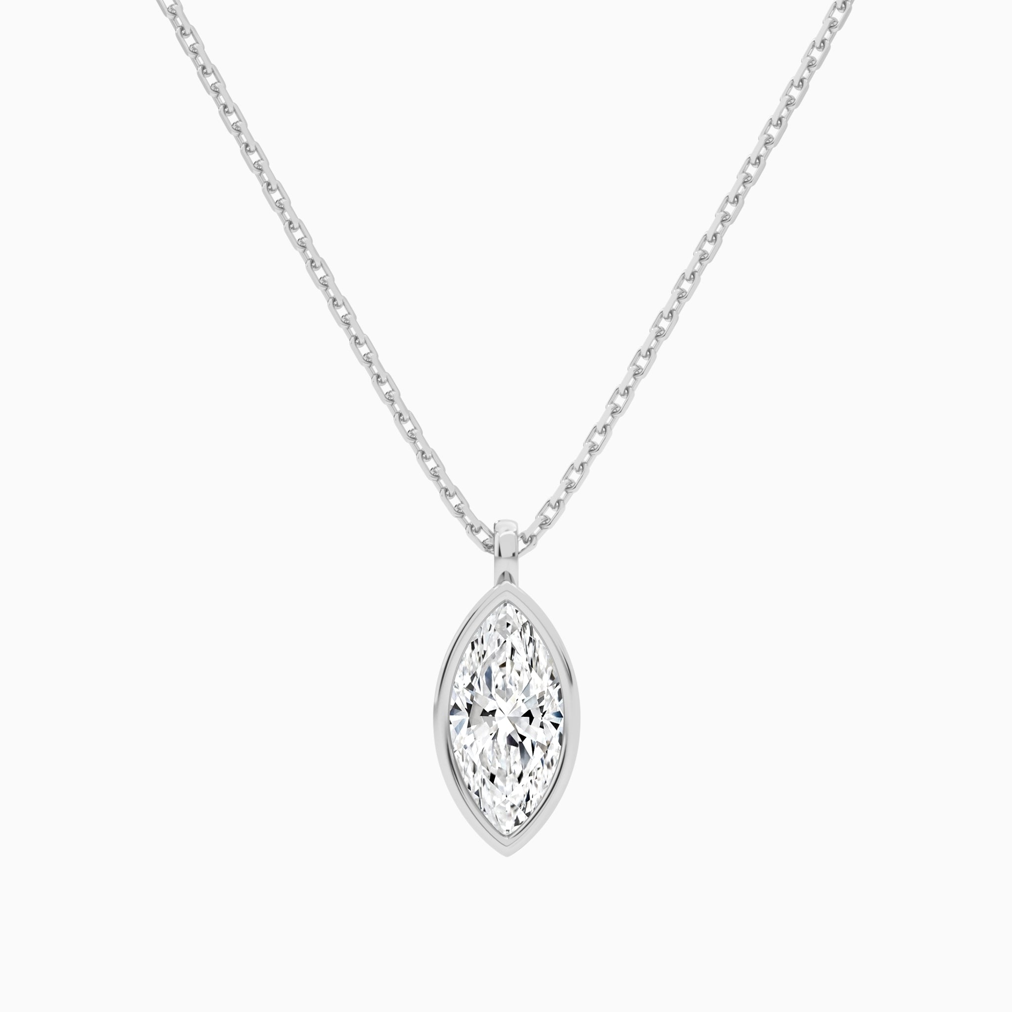Bezel Solitaire Marquise Lab Grown Diamond Pendant Necklace In 14K White Gold - Lucenjuri