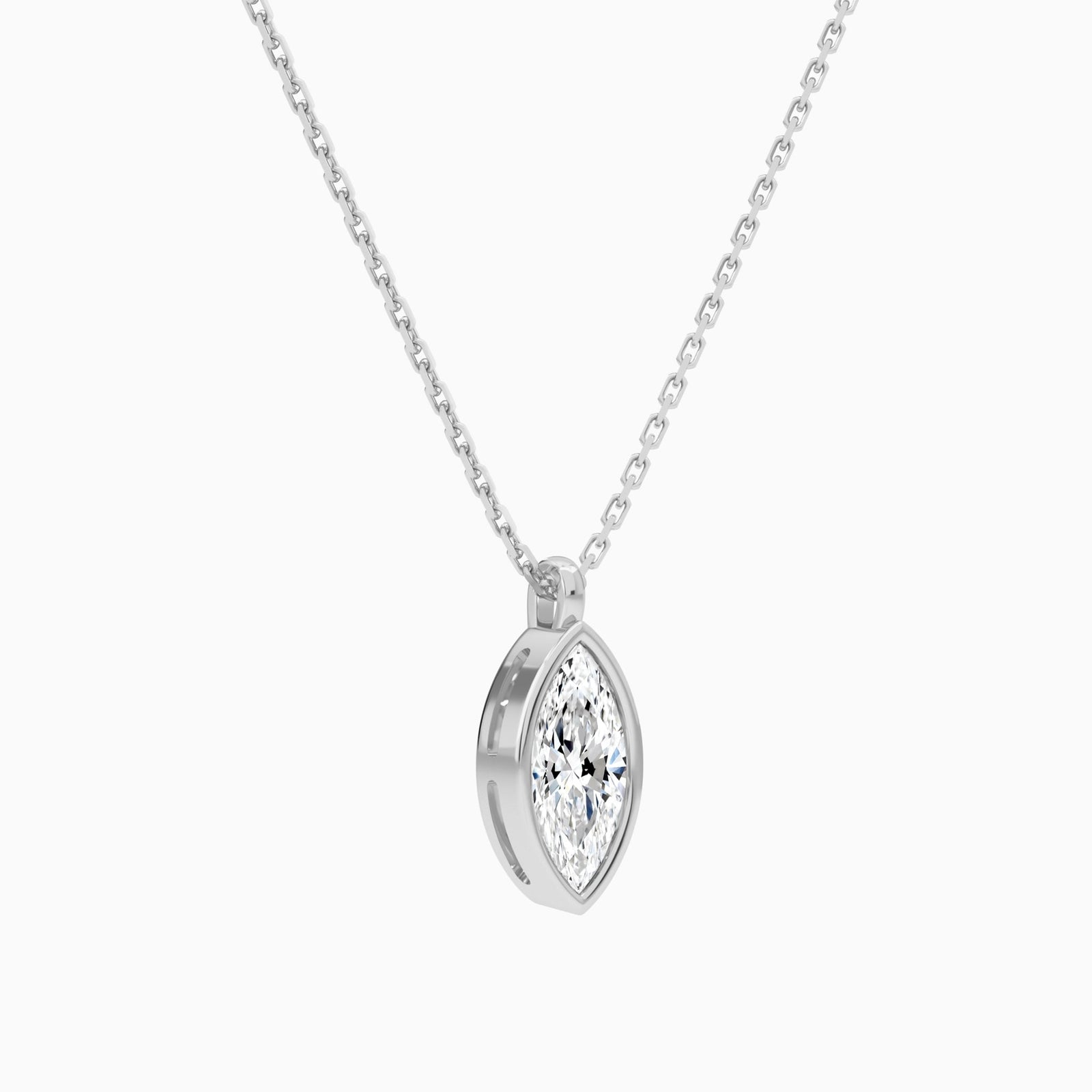 Bezel Solitaire Marquise Lab Grown Diamond Pendant Necklace In 18K White Gold - Front Angle View