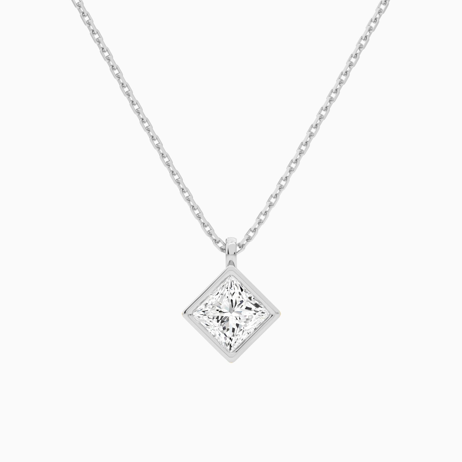 Bezel Solitaire Princess Lab Grown Diamond Pendant Necklace In 14K White Gold - Lucenjuri