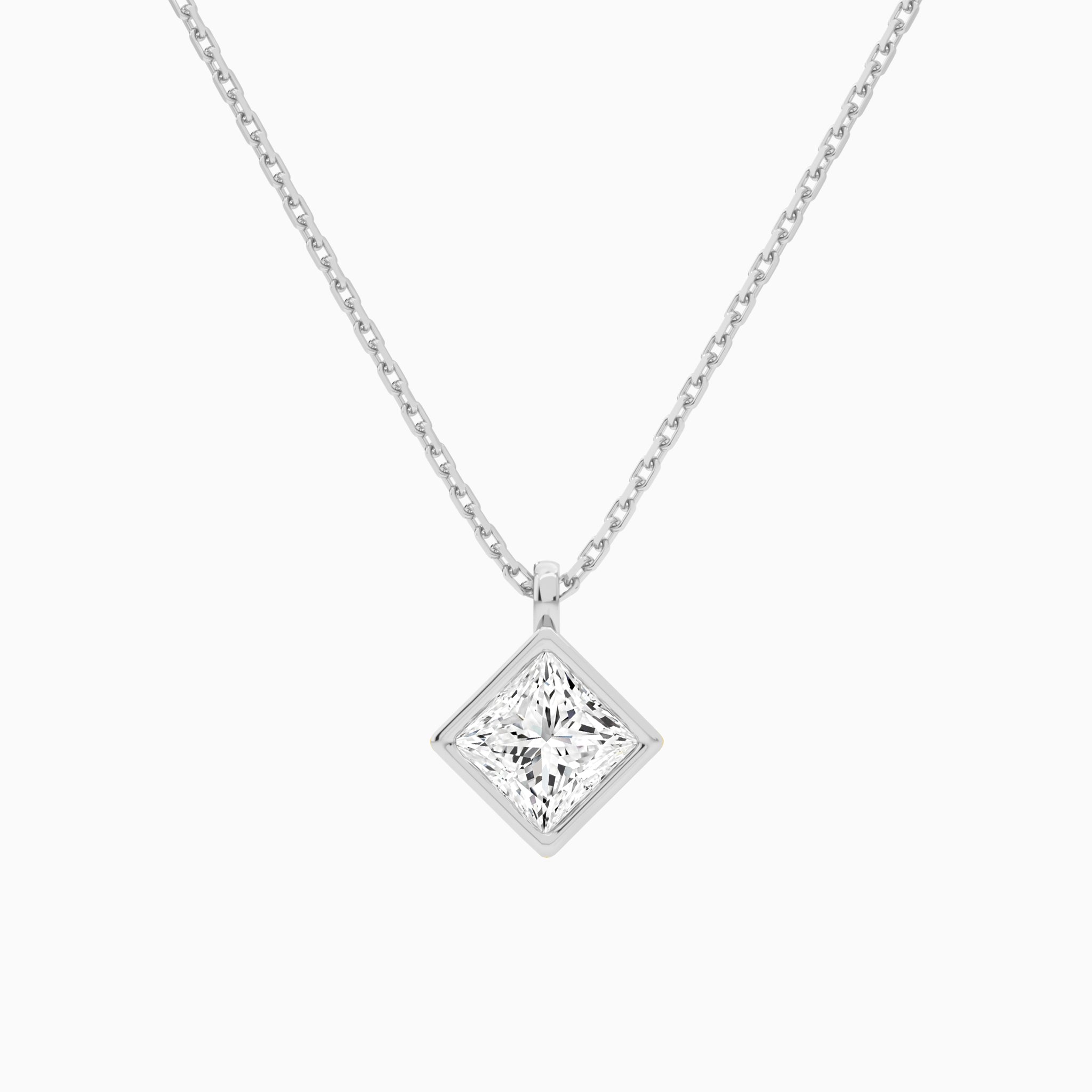 Bezel Solitaire Princess Lab Grown Diamond Pendant Necklace In 14K White Gold - Lucenjuri