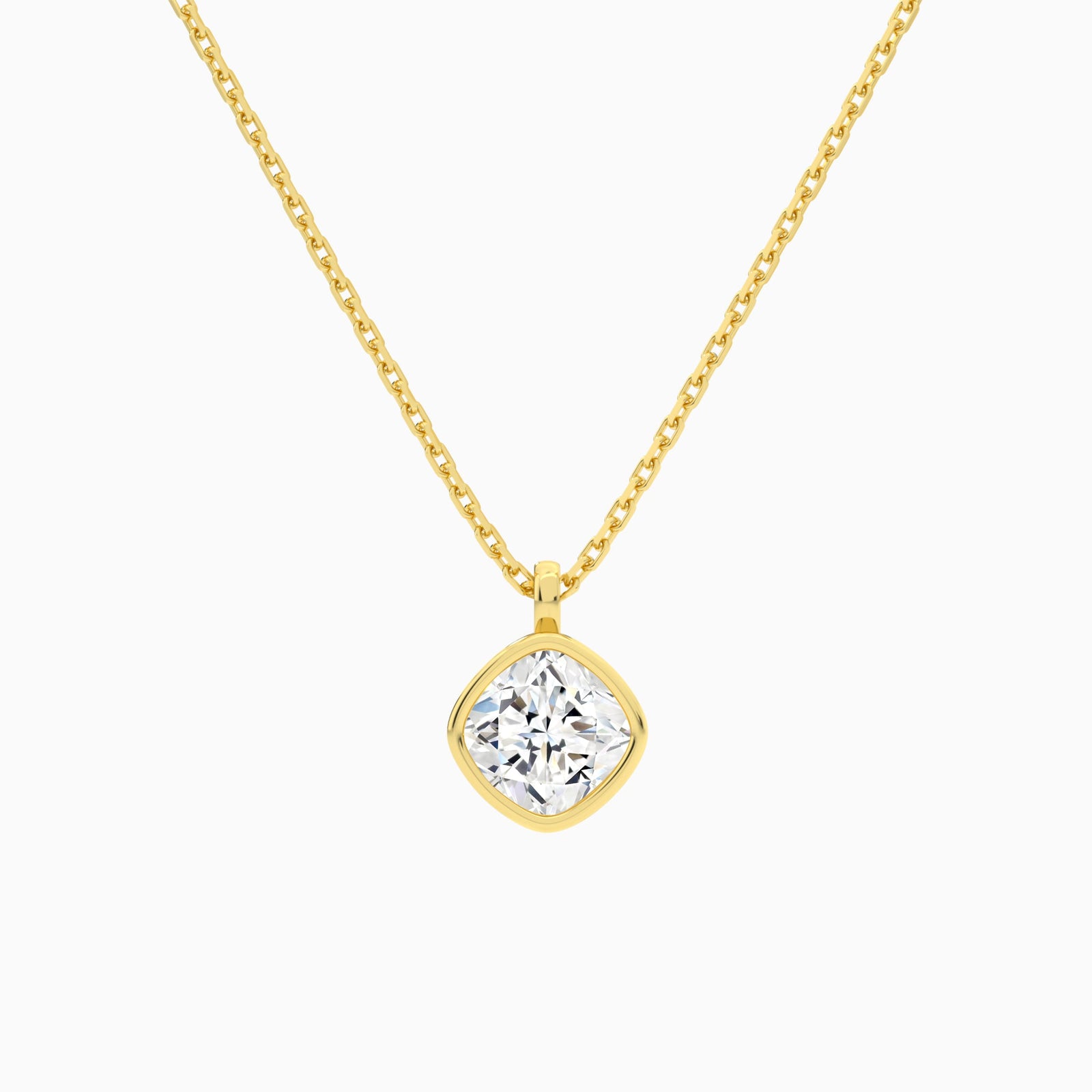 Bezel Solitaire Cushion Lab Grown Diamond Pendant Necklace In 14K Yellow Gold - Lucenjuri