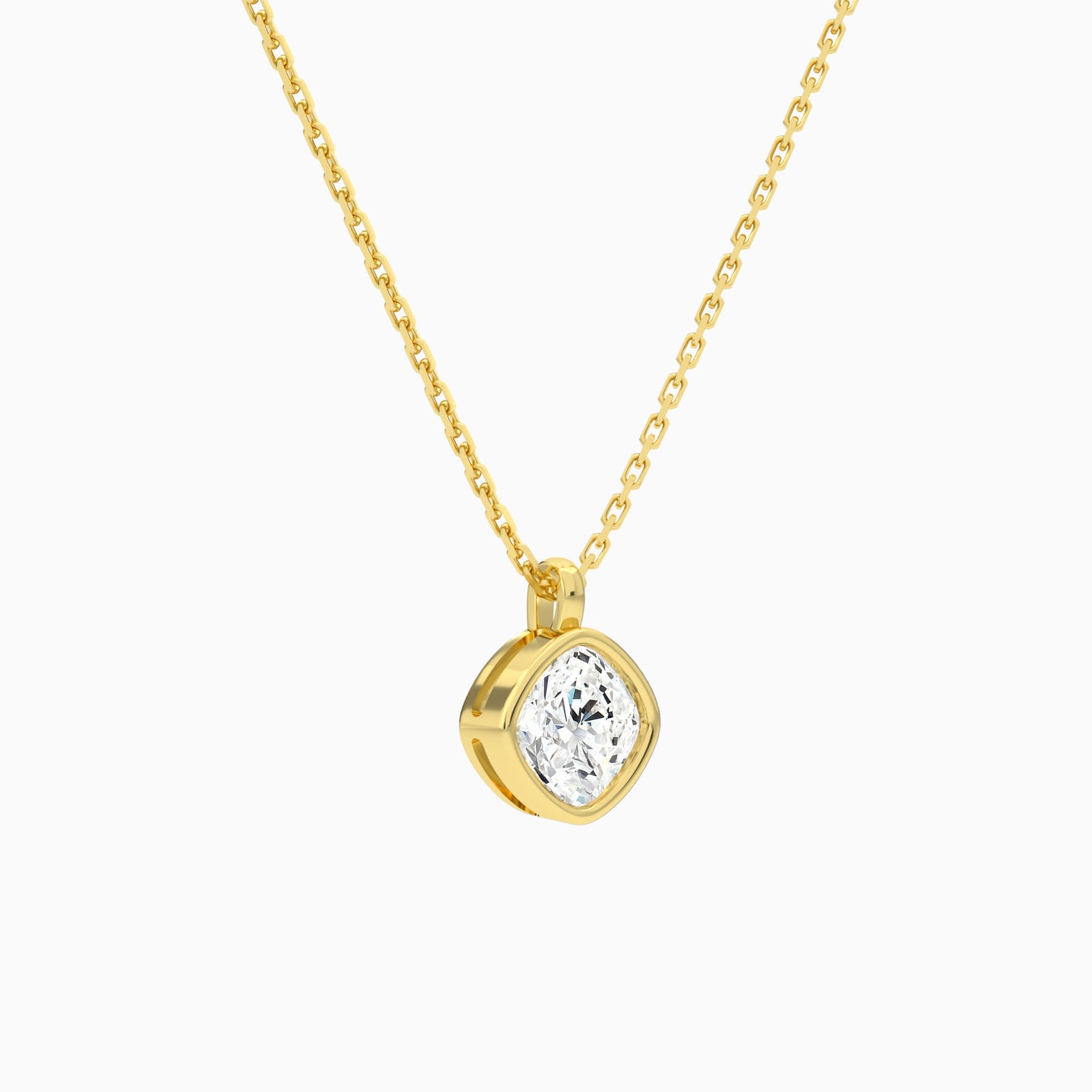 Bezel Solitaire Cushion Lab Grown Diamond Pendant Necklace In 14K Yellow Gold - Front Angle View