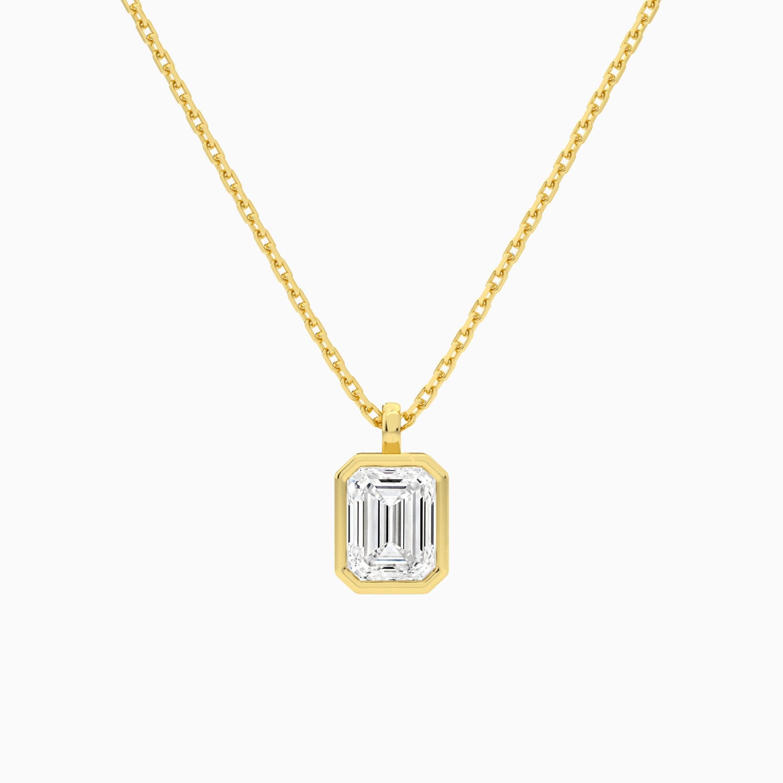 Bezel Solitaire Emerald Lab Grown Diamond Pendant Necklace In 18K Yellow Gold - Lucenjuri