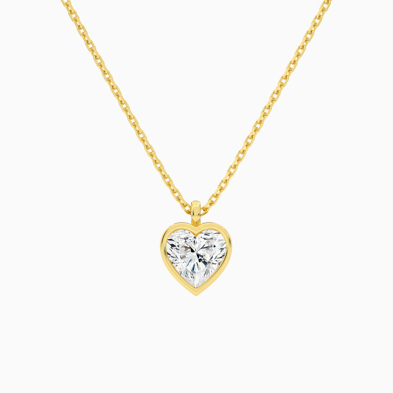 Bezel Solitaire Heart Lab Grown Diamond Pendant Necklace In 18K Yellow Gold - Lucenjuri
