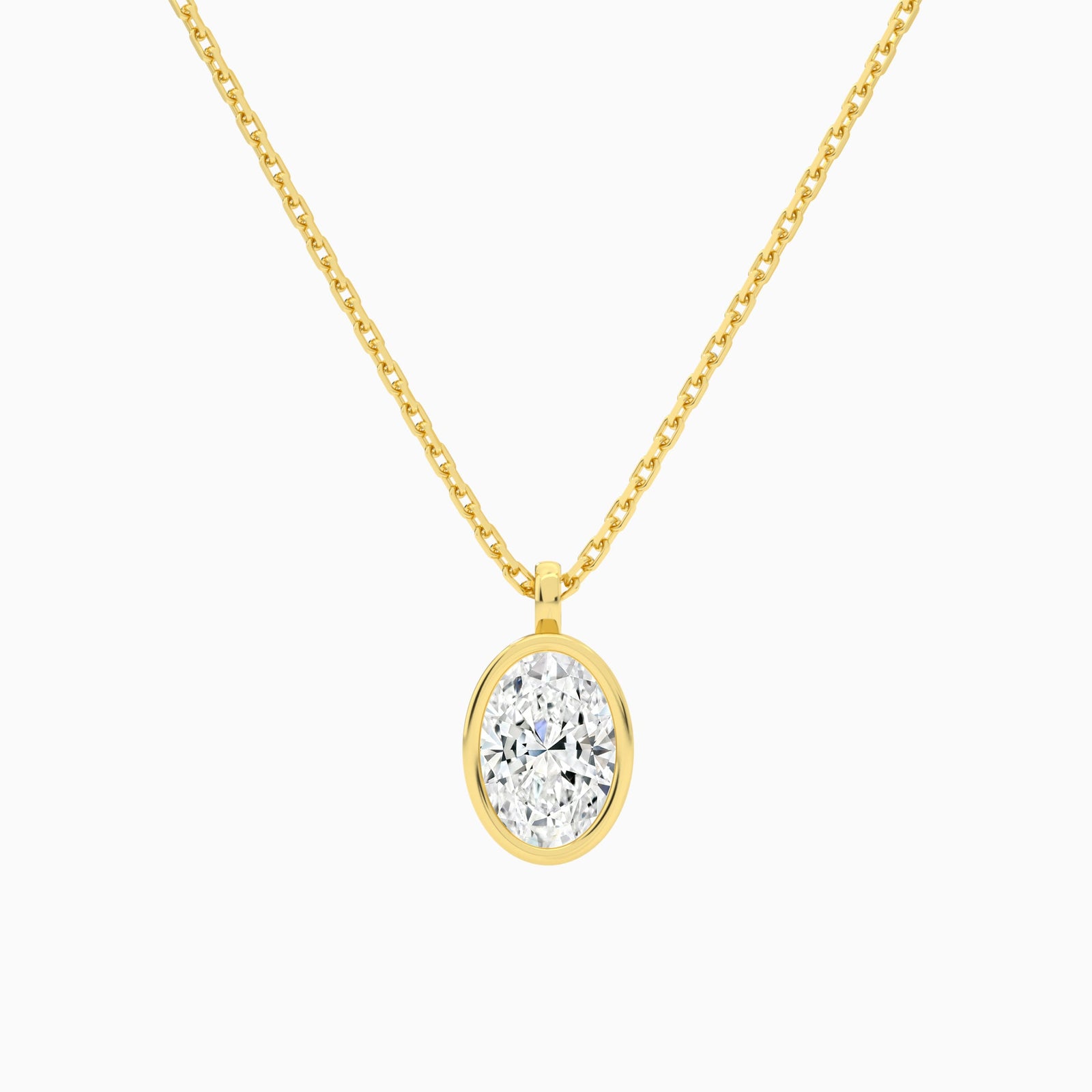 Bezel Solitaire Oval Lab Grown Diamond Pendant Necklace In 14K Yellow Gold - Lucenjuri