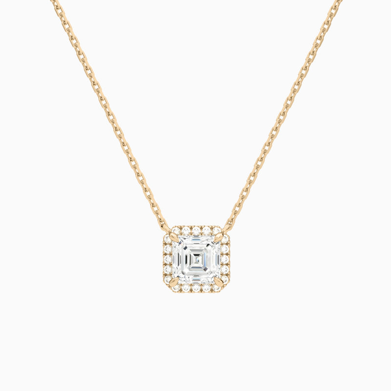 Asscher Halo Lab Grown Diamond Necklace In 14K Rose Gold - Lucenjuri