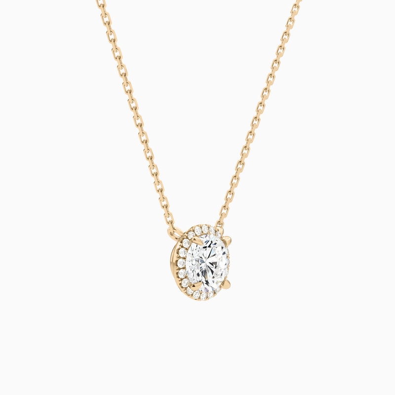 Round Halo Lab Grown Diamond Necklace In 14K Rose Gold - Front Angle View