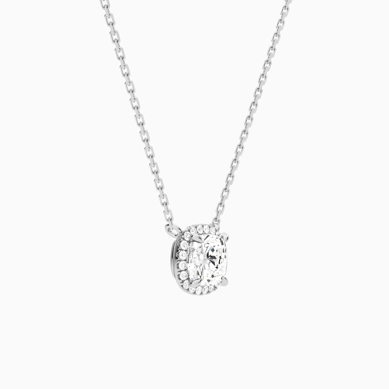 Cushion Halo Lab Grown Diamond Necklace In 14K White Gold - Front Angle View