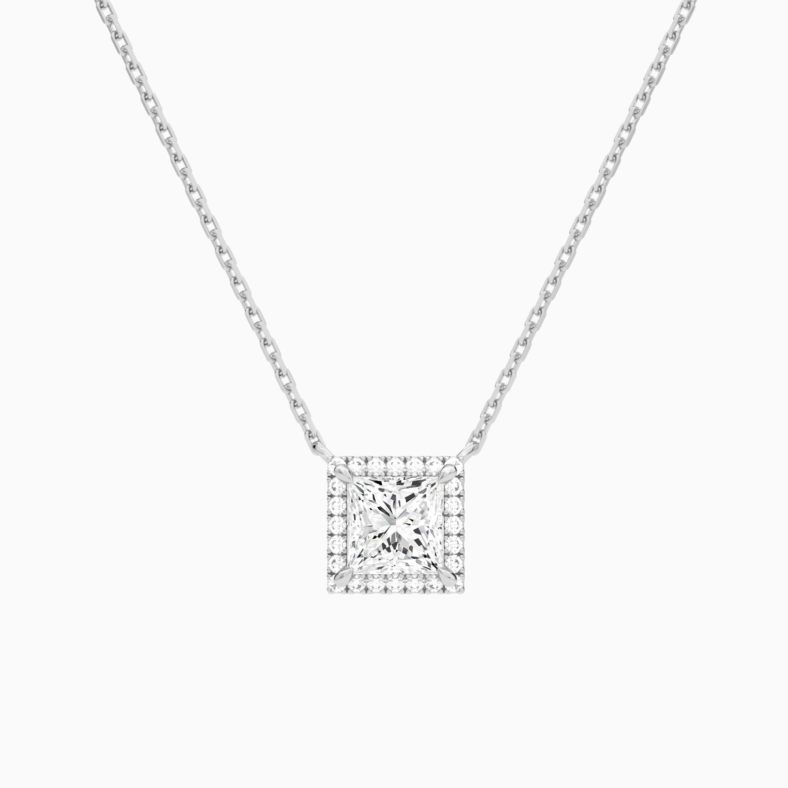 Princess Halo Lab Grown Diamond Necklace In 18K White Gold - Lucenjuri