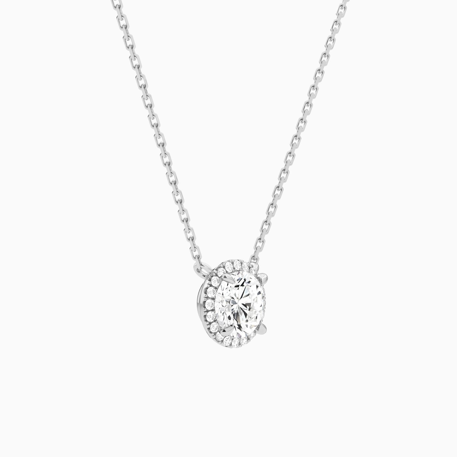 Round Halo Lab Grown Diamond Necklace In 18K White Gold - Front Angle View