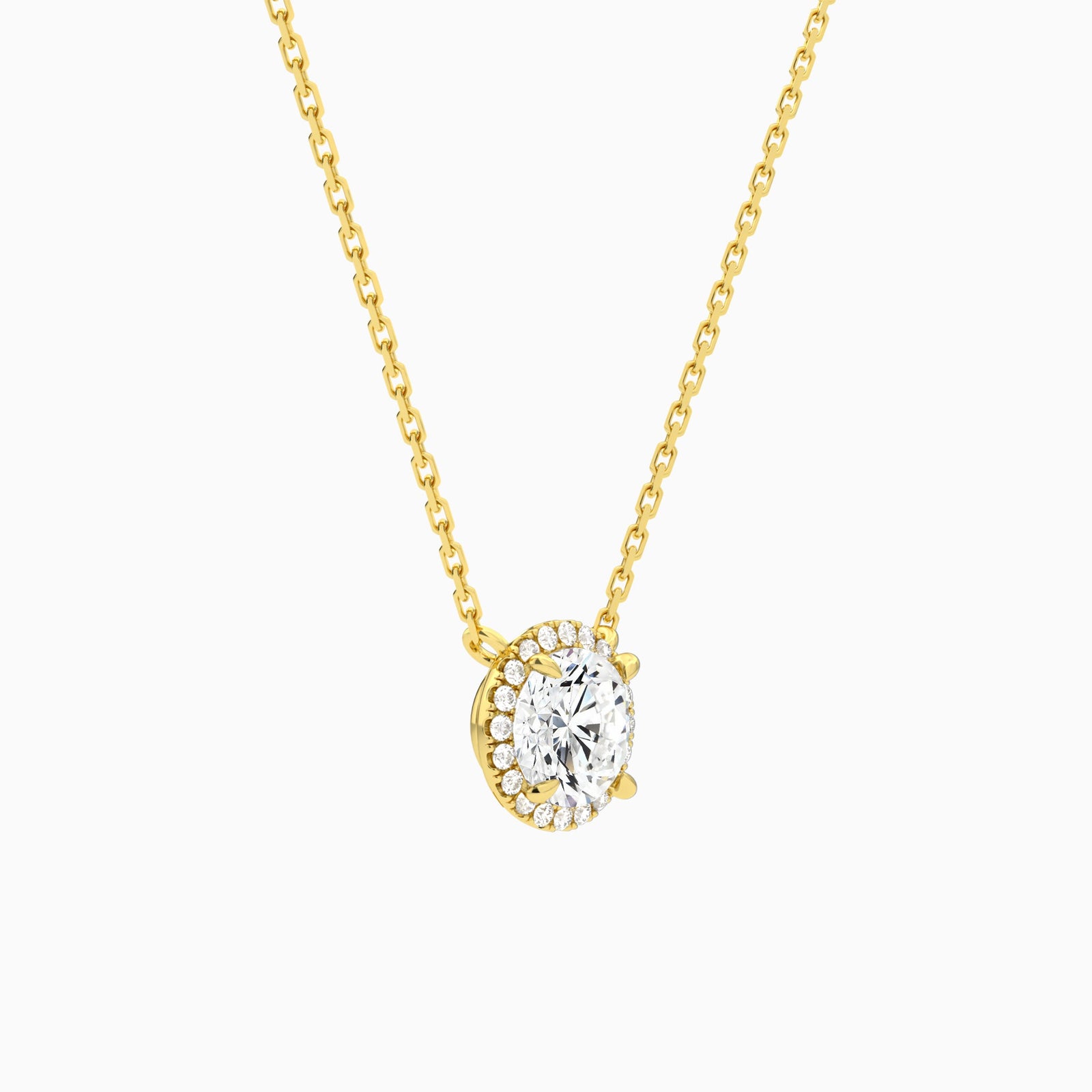 Round Halo Lab Grown Diamond Necklace In 18K Yellow Gold - Front Angle View