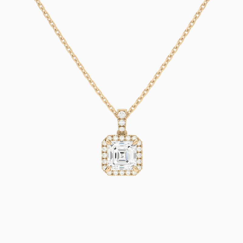 Asscher Halo Lab Diamond Pavé Bail Pendant in 14K Rose Gold - Lucenjuri