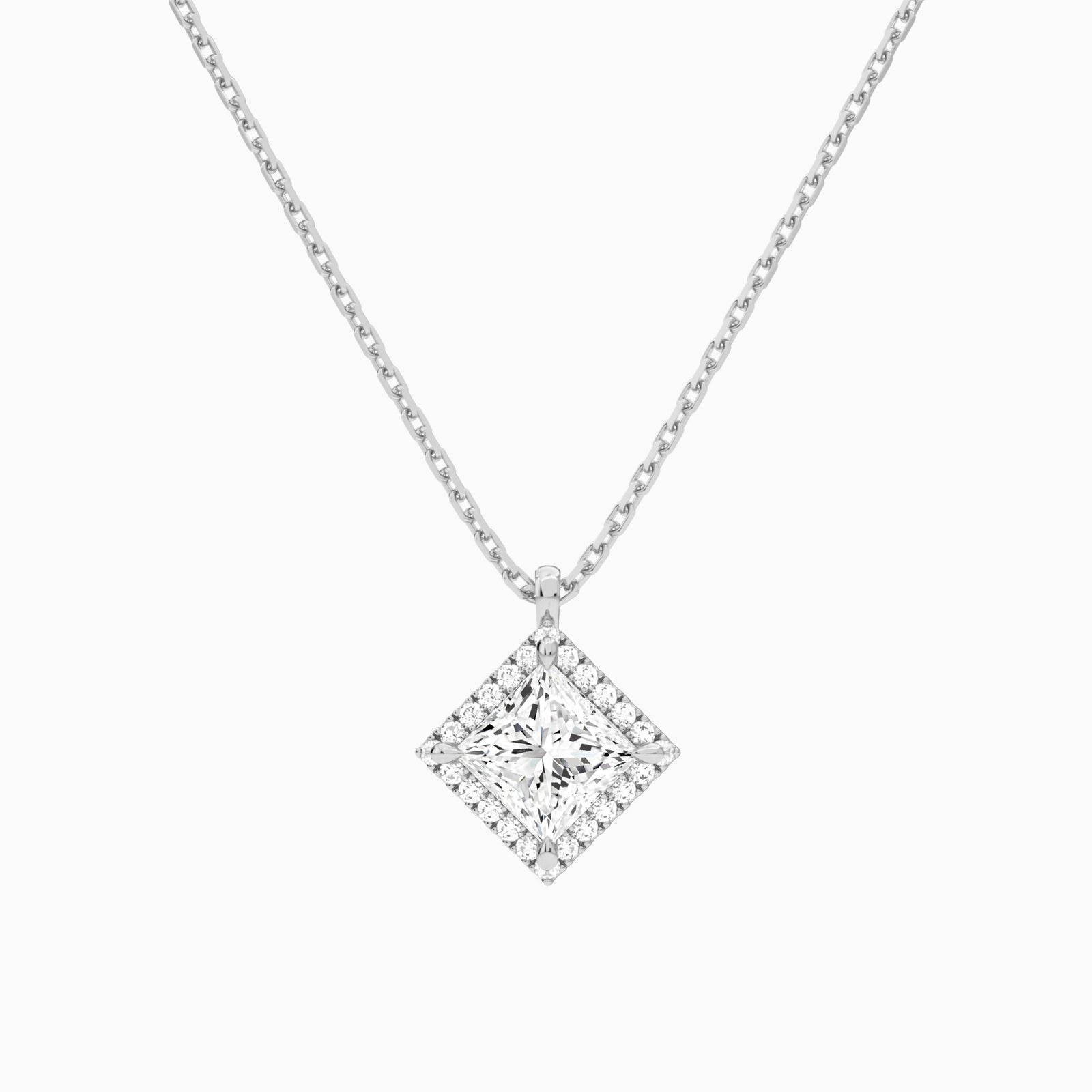 Princess Halo Lab Grown Diamond Pendant Necklace In 18K White Gold - Lucenjuri
