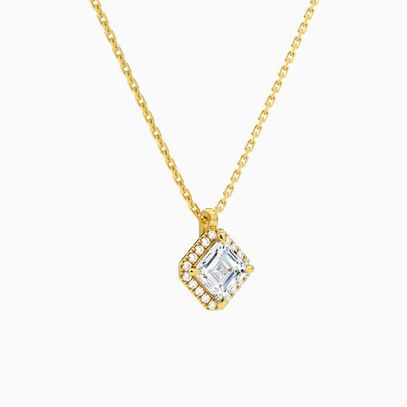 Asscher Halo Lab Grown Diamond Pendant Necklace In 18K Yellow Gold - Front Angle View