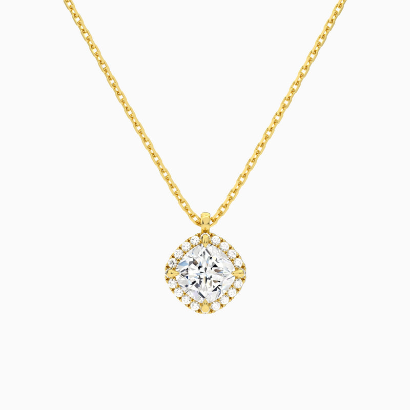 Cushion Halo Lab Grown Diamond Pendant Necklace In 14K Yellow Gold - Lucenjuri