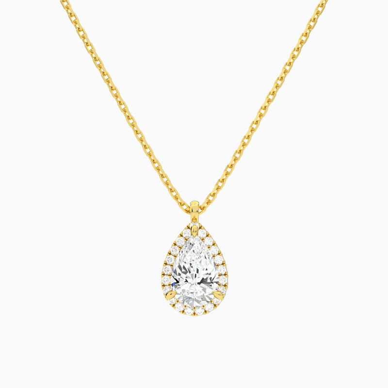 Pear Halo Lab Grown Diamond Pendant Necklace In 18K Yellow Gold - Lucenjuri