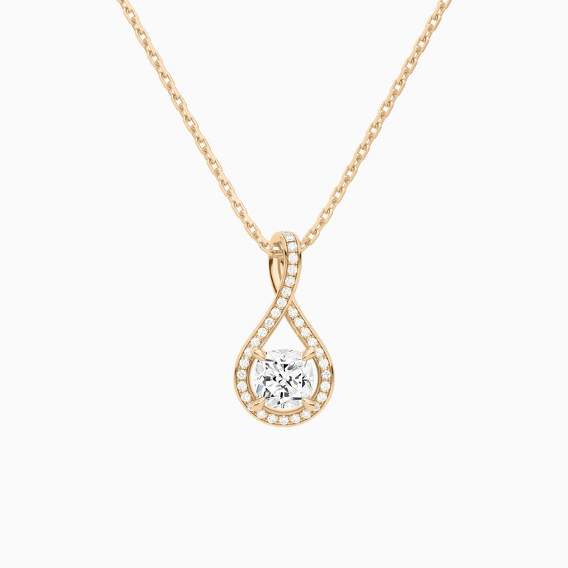 Lab Grown Diamond Cushion Halo Pavé Twist Pendant Necklace In 14K Rose Gold - Lucenjuri