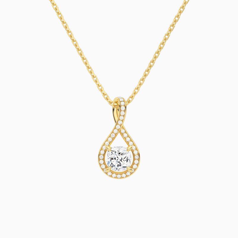 Lab Grown Diamond Cushion Halo Pavé Twist Pendant Necklace In 18K Yellow Gold - Lucenjuri