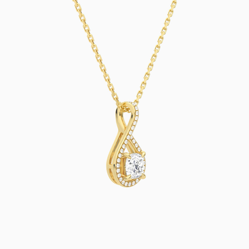Lab Grown Diamond Cushion Halo Pavé Twist Pendant Necklace In 18K Yellow Gold - Front Angle View