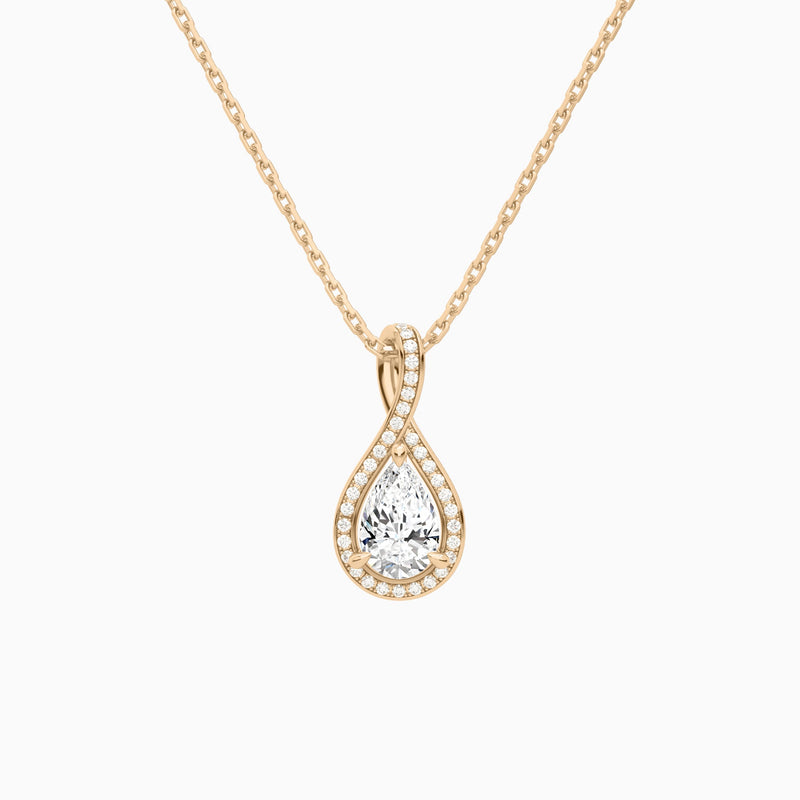Lab Grown Diamond Pear Halo Pavé Twist Pendant Necklace In 14K Rose Gold - Lucenjuri