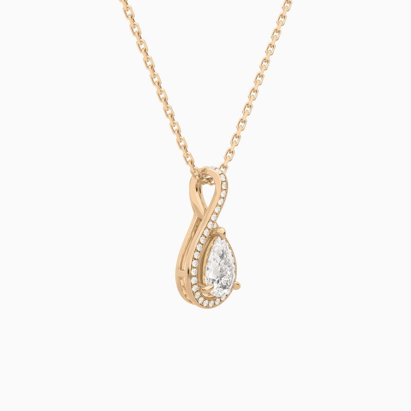 Lab Grown Diamond Pear Halo Pavé Twist Pendant Necklace In 14K Rose Gold - Front Angle View