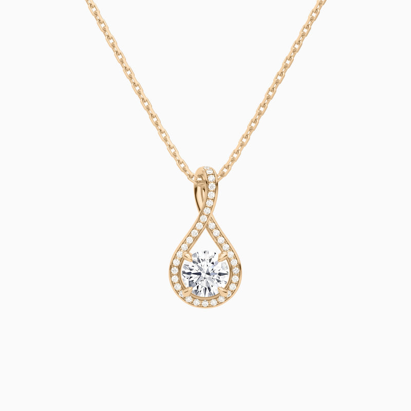 Lab Grown Diamond Round Halo Pavé Twist Pendant Necklace In 14K Rose Gold - Lucenjuri