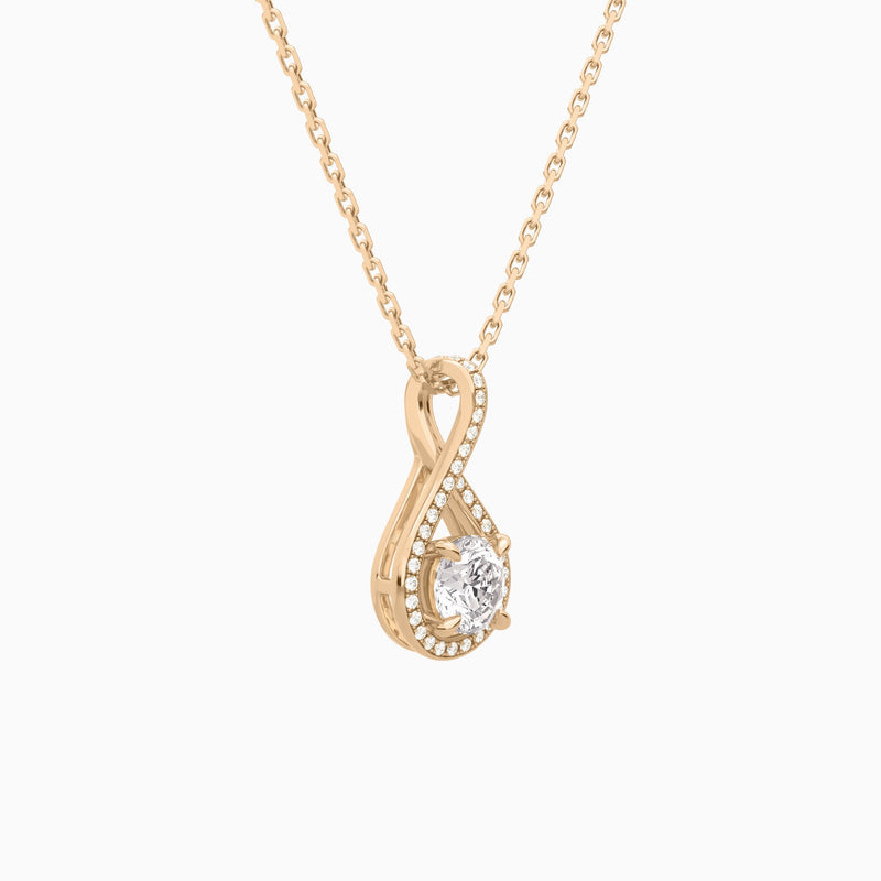 Lab Grown Diamond Round Halo Pavé Twist Pendant Necklace In 14K Rose Gold - Front Angle View