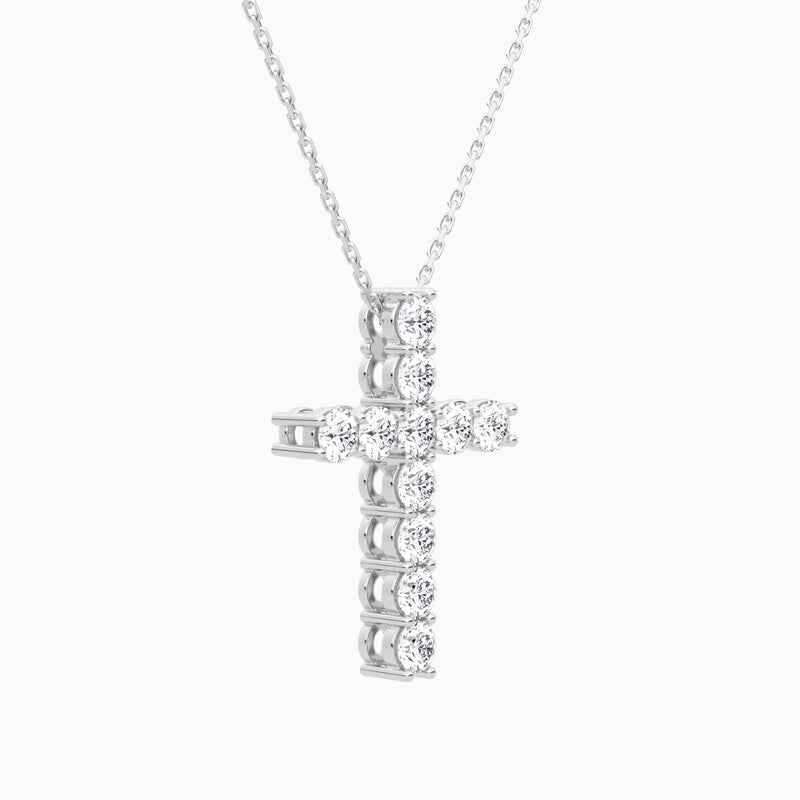 Shared Prong Round Lab Grown Diamond Cross Necklace In Platinum - Front Angle View