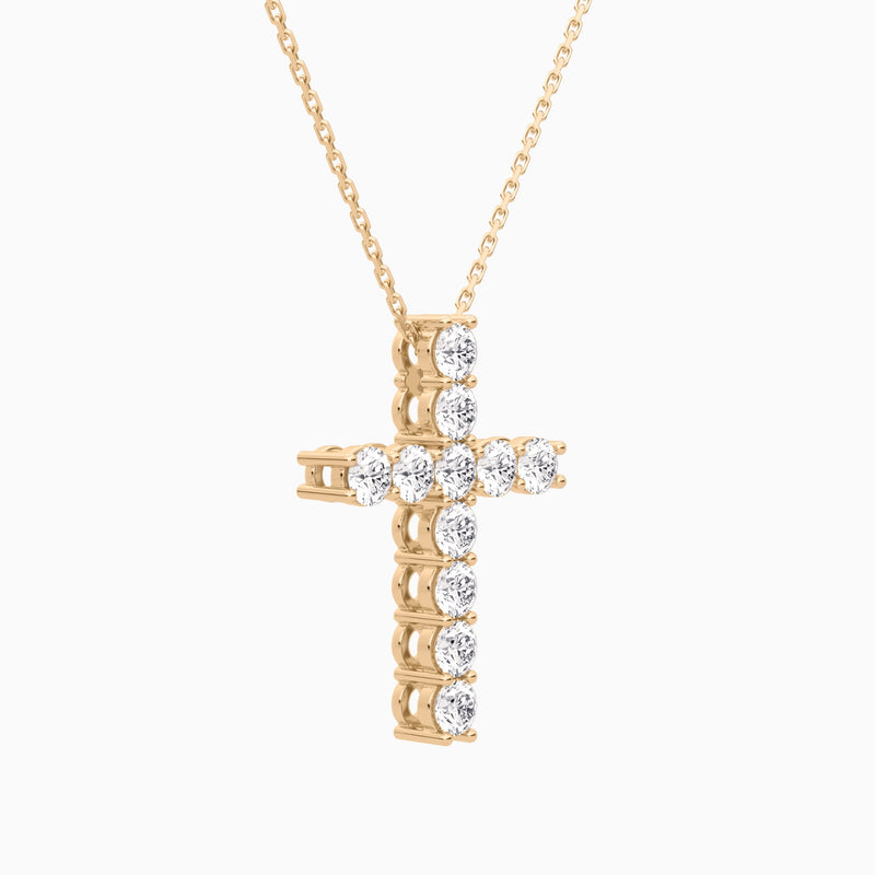 Shared Prong Round Lab Grown Diamond Cross Necklace In 14K Rose Gold - Front Angle View