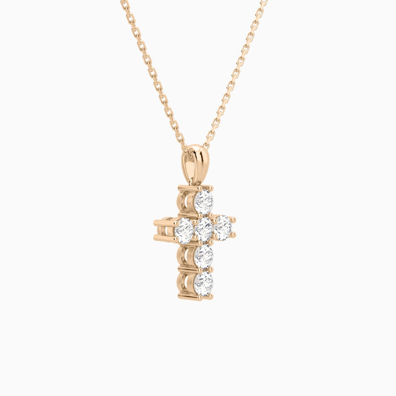Round Lab Grown Diamond Cross Pendant Necklace In 14K Rose Gold - Front Angle View