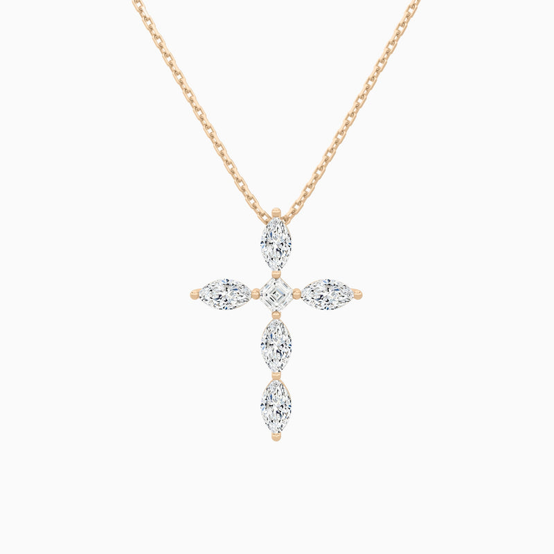 Marquise and Asscher Lab Grown Diamond Cross Necklace In 14K Rose Gold - Lucenjuri